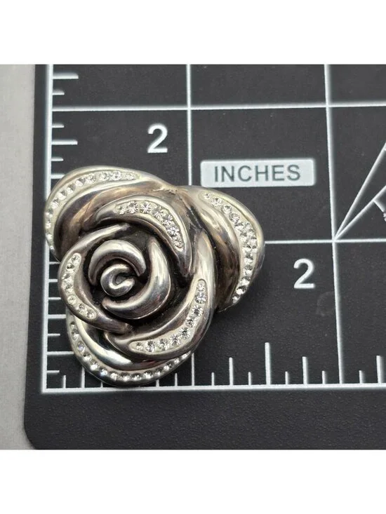 VTG Sterling Silver Electroform Rose Puffy Pendant 1.5" Rhinestones Signed - Picture 8 of 10